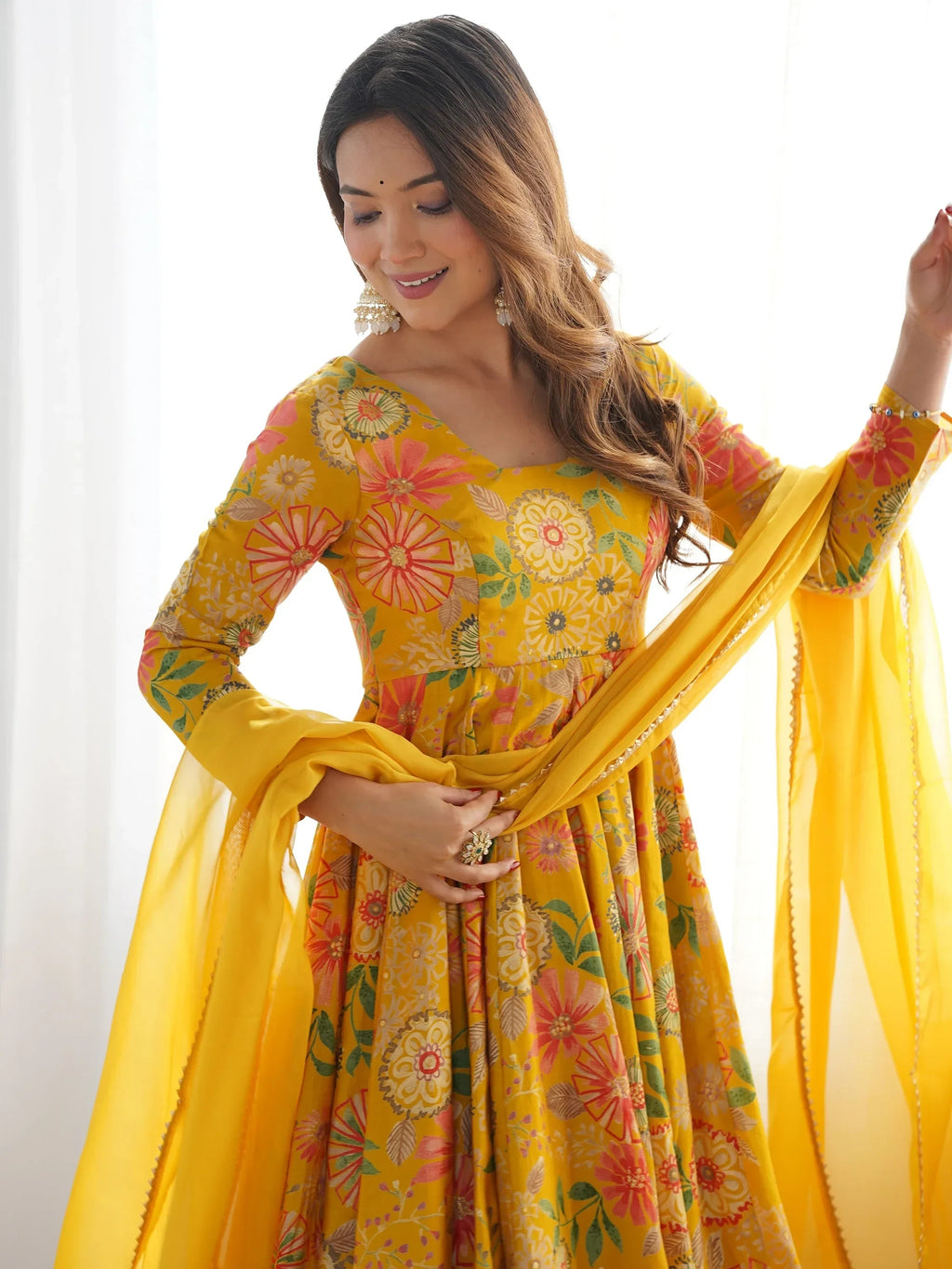 Yellow Stunning Floral Printed Silk Designer Palazzo Suit With Dupatta