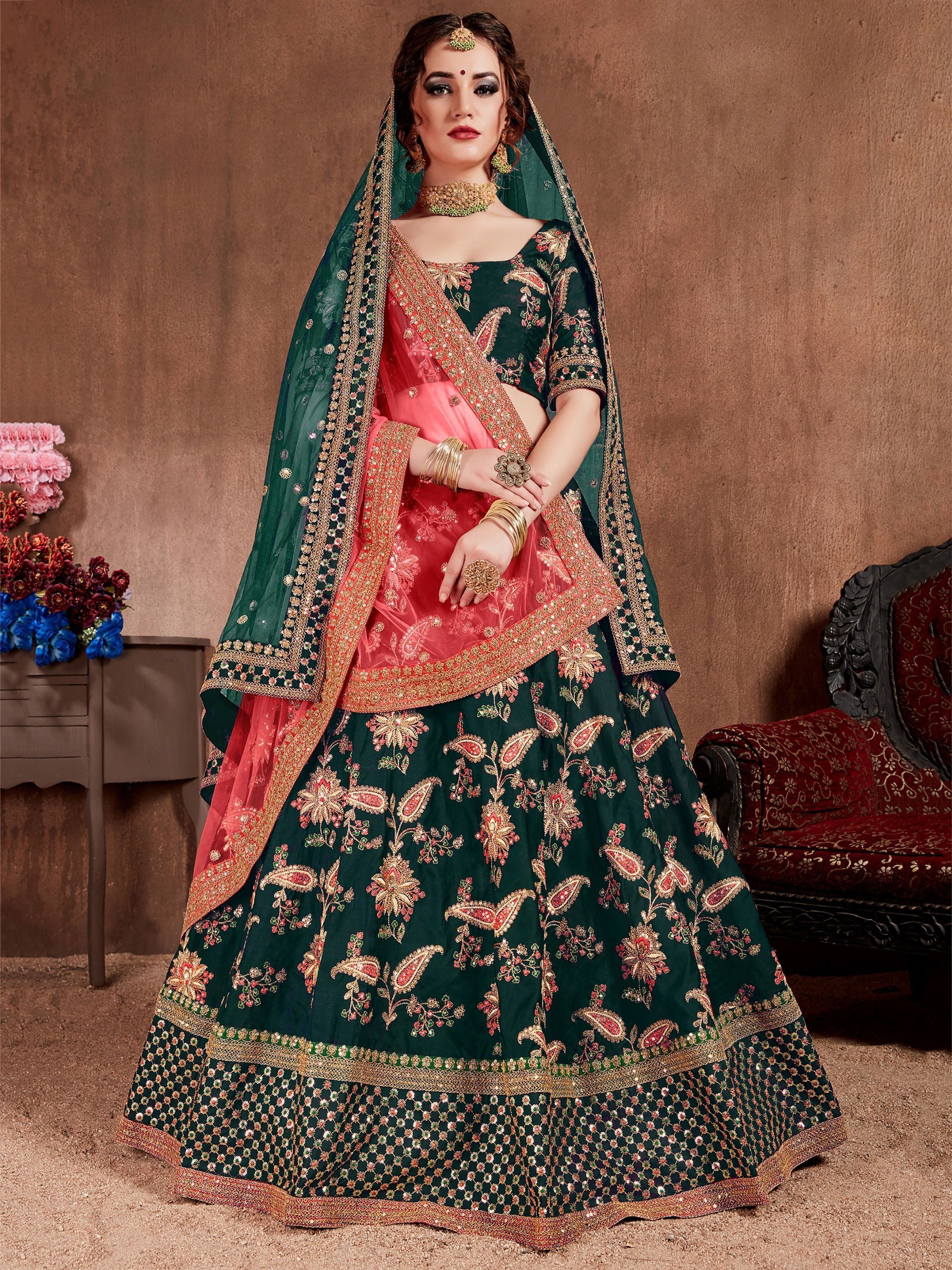Bottle Green Semi-Stitched Myntra Lehenga & Unstitched Blouse with 2 Dupattas