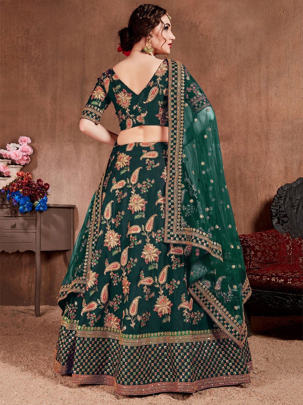 Bottle Green Semi-Stitched Myntra Lehenga & Unstitched Blouse with 2 Dupattas
