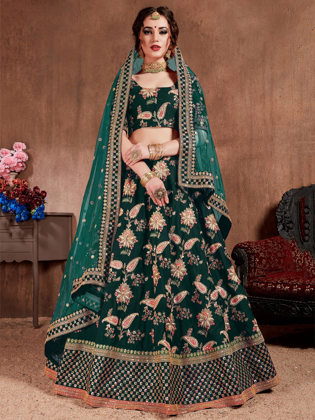 Bottle Green Semi-Stitched Myntra Lehenga & Unstitched Blouse with 2 Dupattas