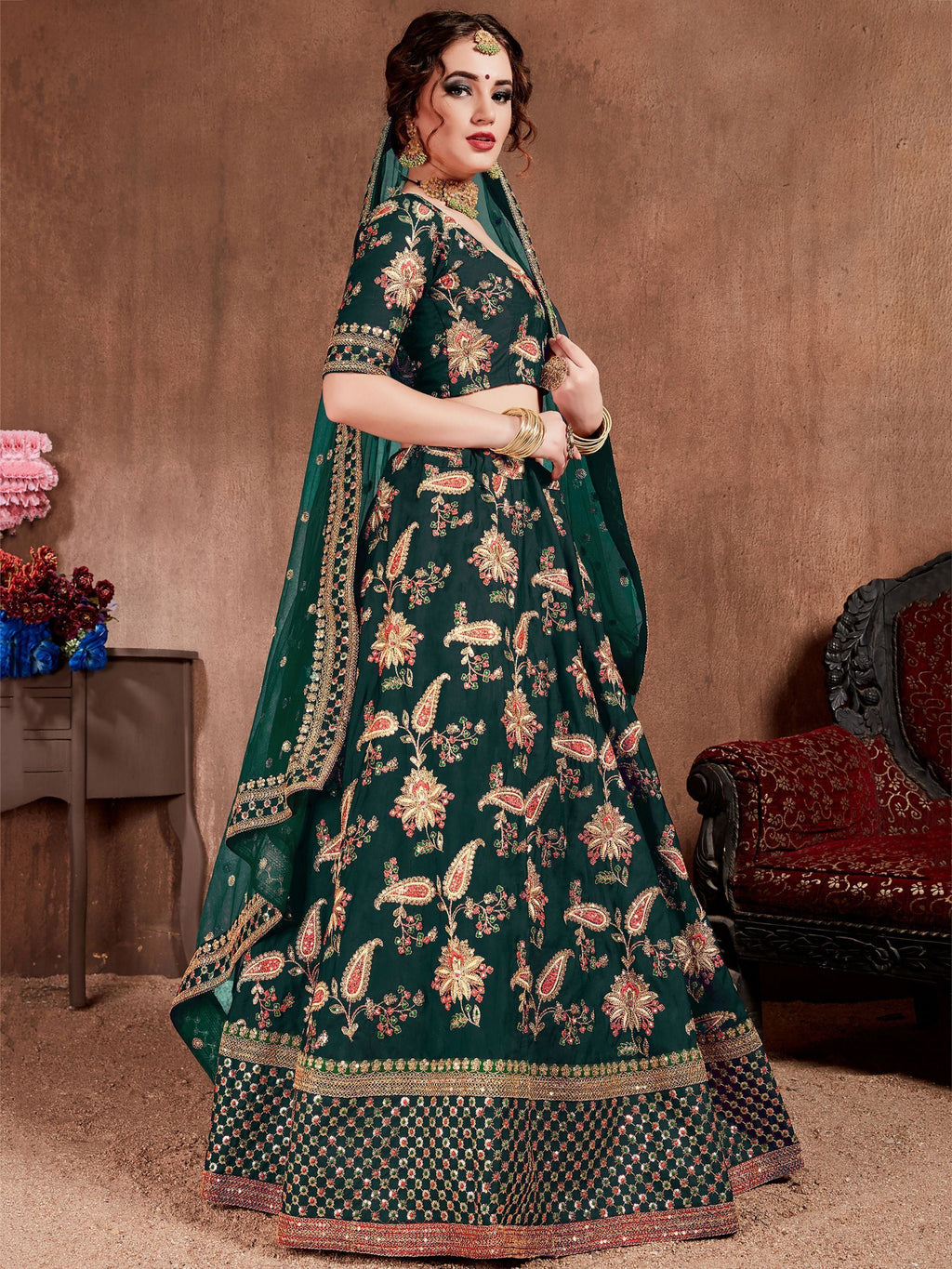 Bottle Green Semi-Stitched Myntra Lehenga & Unstitched Blouse with 2 Dupattas
