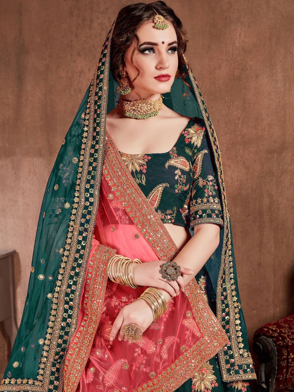 Bottle Green Semi-Stitched Myntra Lehenga & Unstitched Blouse with 2 Dupattas