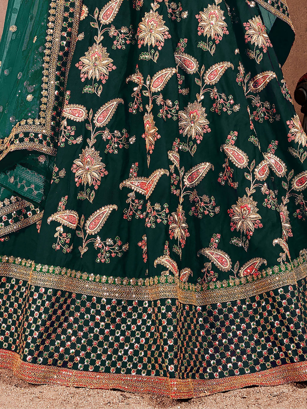 Bottle Green Semi-Stitched Myntra Lehenga & Unstitched Blouse with 2 Dupattas
