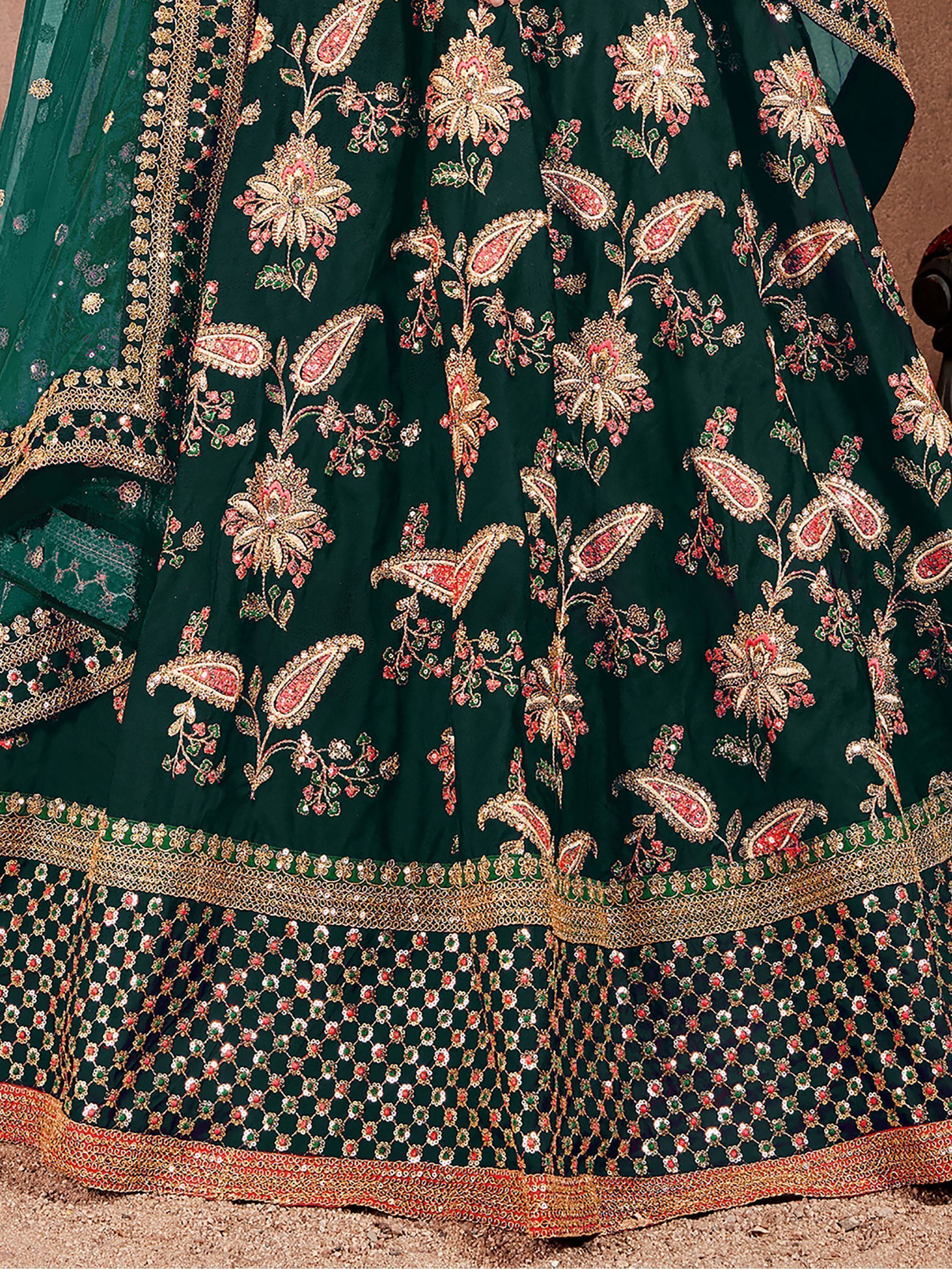 Bottle Green Semi-Stitched Myntra Lehenga & Unstitched Blouse with 2 Dupattas