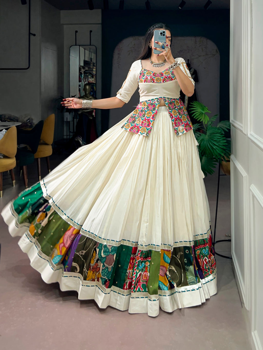 Off White Khadi Cotton Gamthi Work Navratri Lehenga Choli