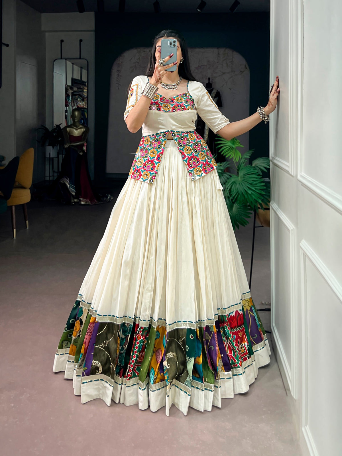 Off White Khadi Cotton Gamthi Work Navratri Lehenga Choli