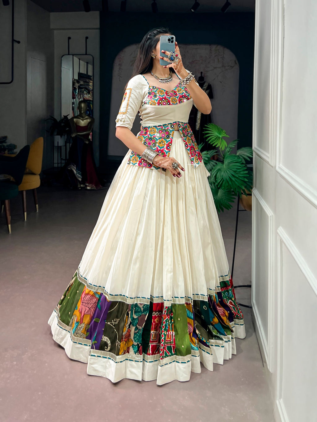 Off White Khadi Cotton Gamthi Work Navratri Lehenga Choli