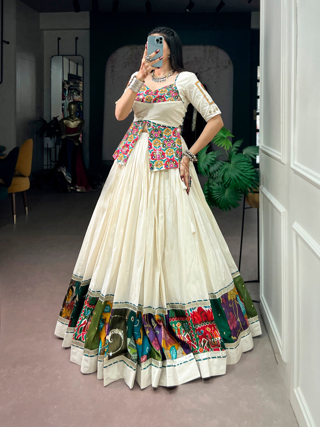 Off White Khadi Cotton Gamthi Work Navratri Lehenga Choli