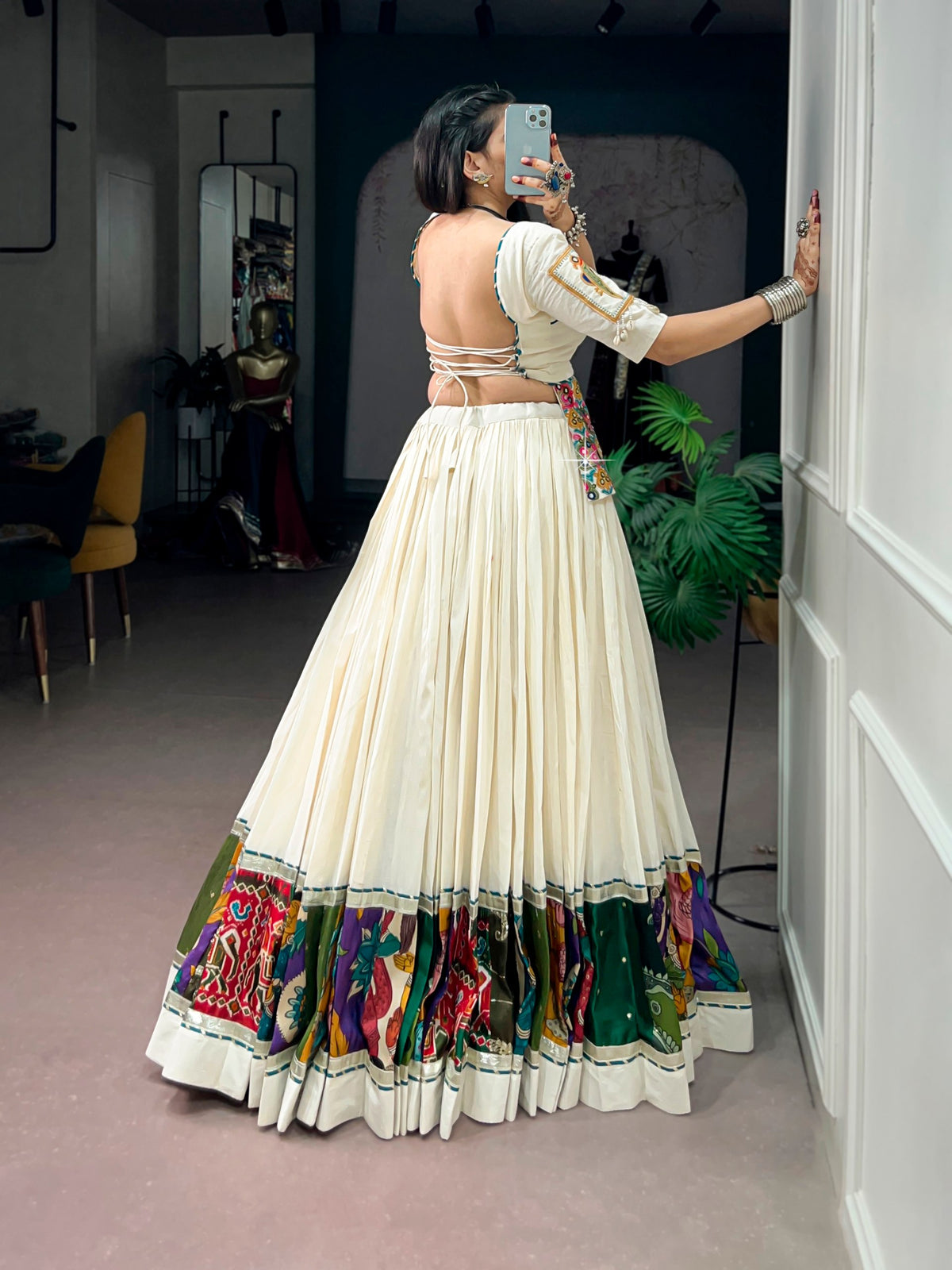 Off White Khadi Cotton Gamthi Work Navratri Lehenga Choli
