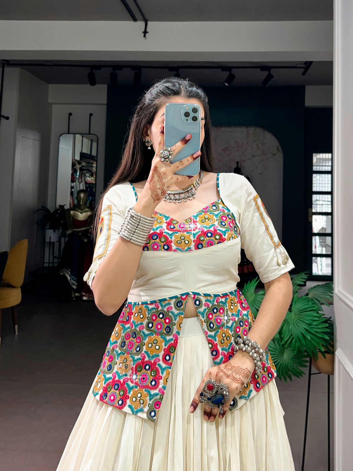 Off White Khadi Cotton Gamthi Work Navratri Lehenga Choli