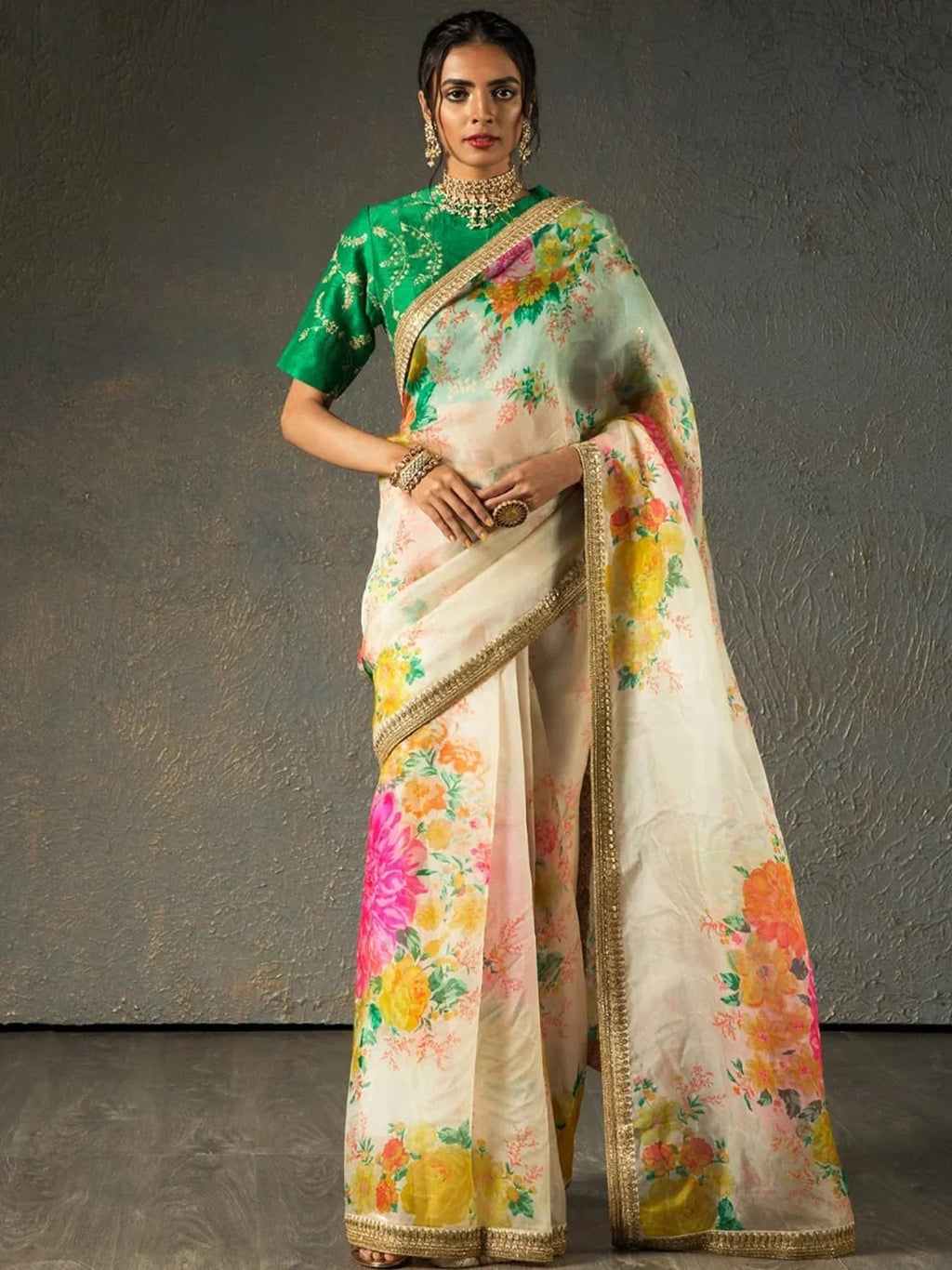 Off White Sabyasachi Off Floral Orangza Wedding Wear Saree With Blouse