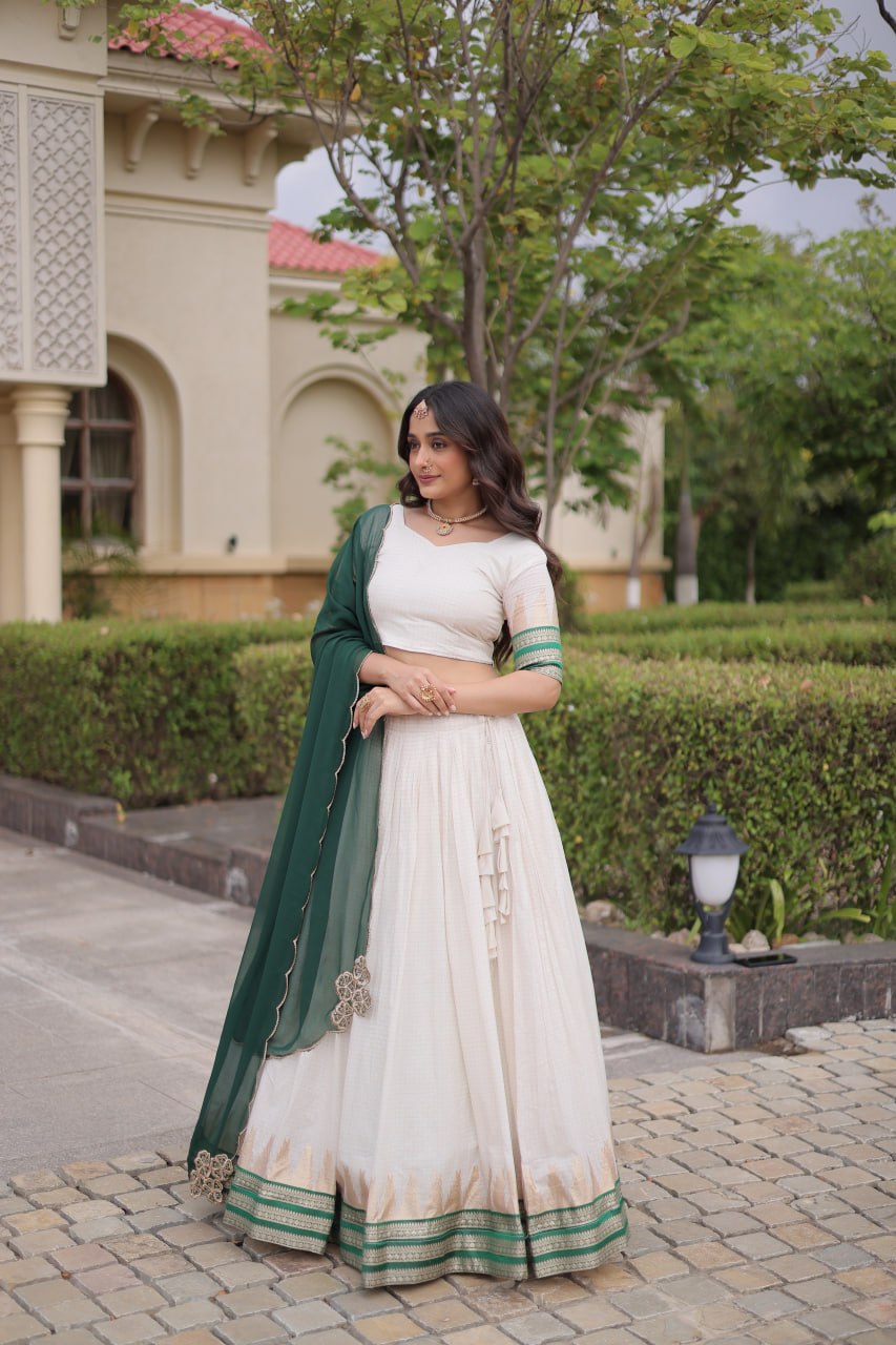Onam Special Viscose Jacquard Lehenga Choli Set with Contrast Dupatta