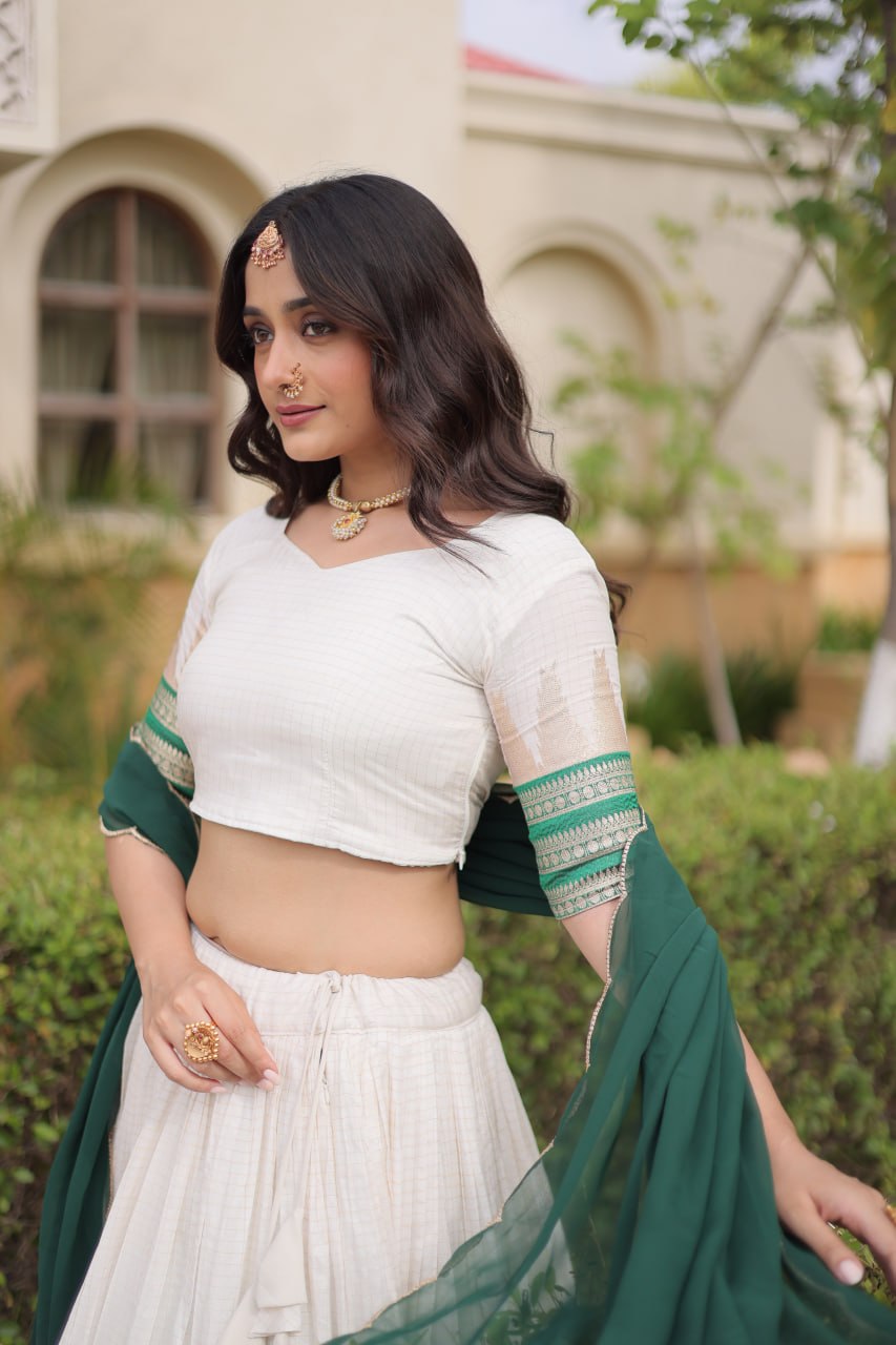 Onam Special Viscose Jacquard Lehenga Choli Set with Contrast Dupatta
