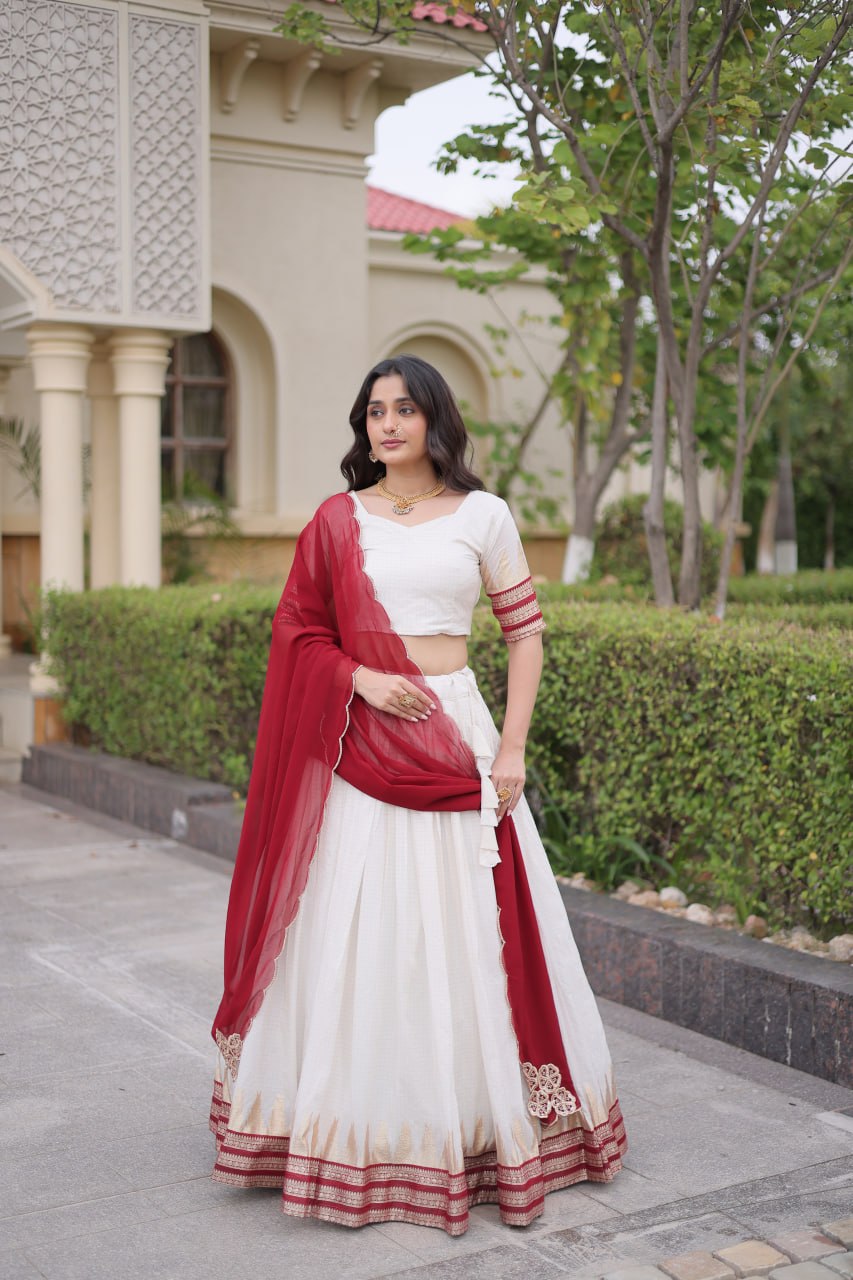 Onam Special Viscose Jacquard Lehenga Choli Set with Contrast Dupatta