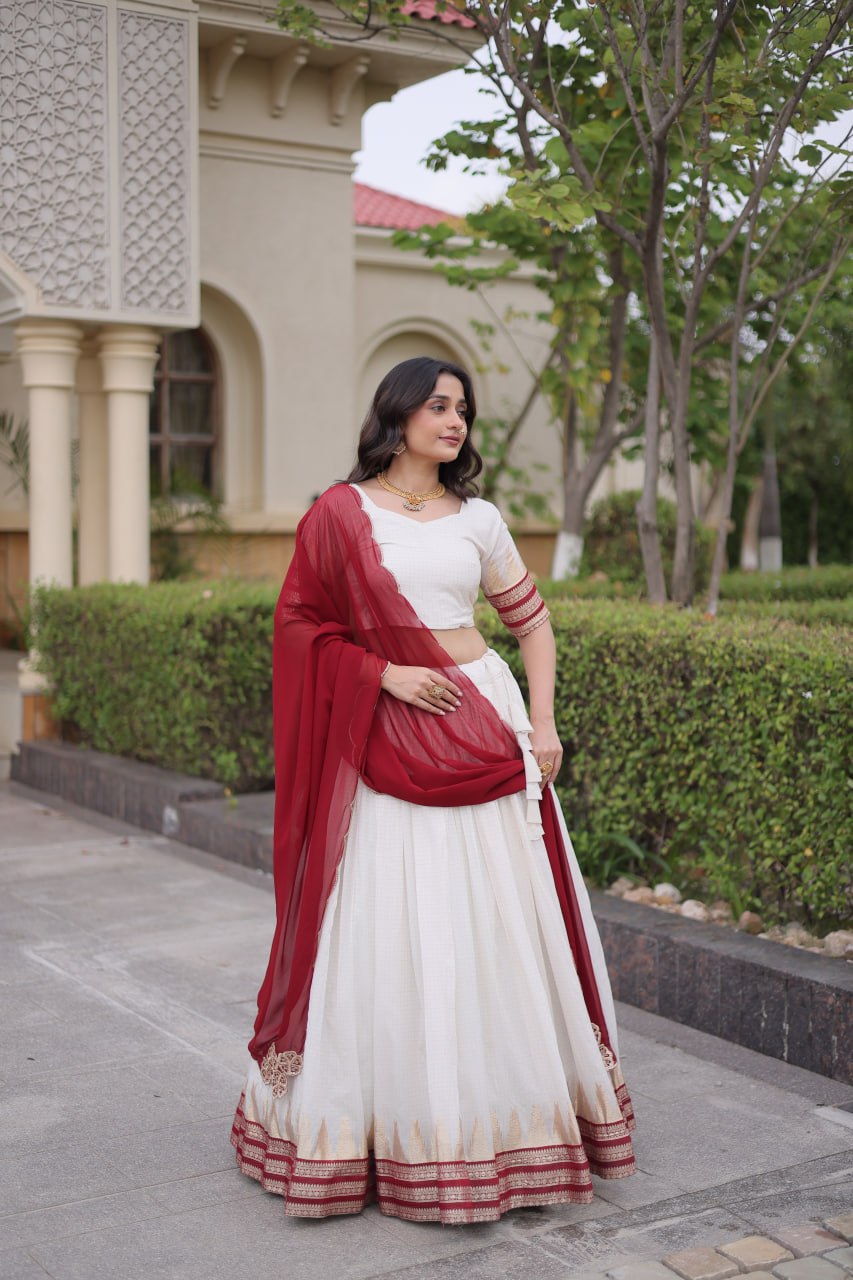 Onam Special Viscose Jacquard Lehenga Choli Set with Contrast Dupatta