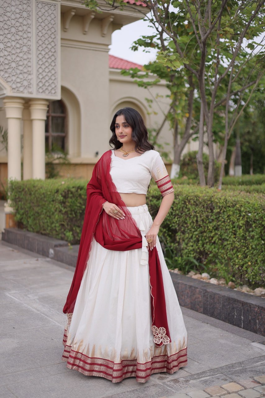 Onam Special Viscose Jacquard Lehenga Choli Set with Contrast Dupatta