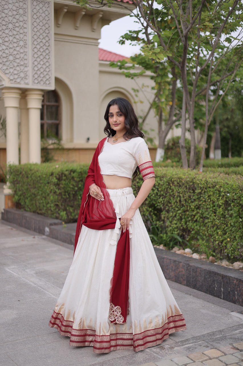 Onam Special Viscose Jacquard Lehenga Choli Set with Contrast Dupatta