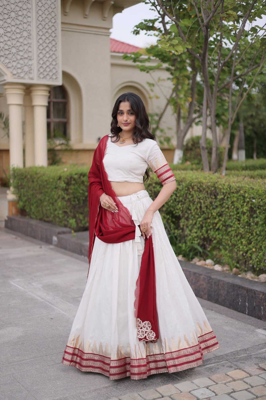 Onam Special Viscose Jacquard Lehenga Choli Set with Contrast Dupatta