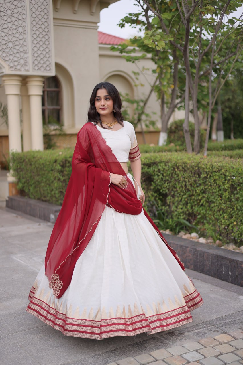 Onam Special Viscose Jacquard Lehenga Choli Set with Contrast Dupatta