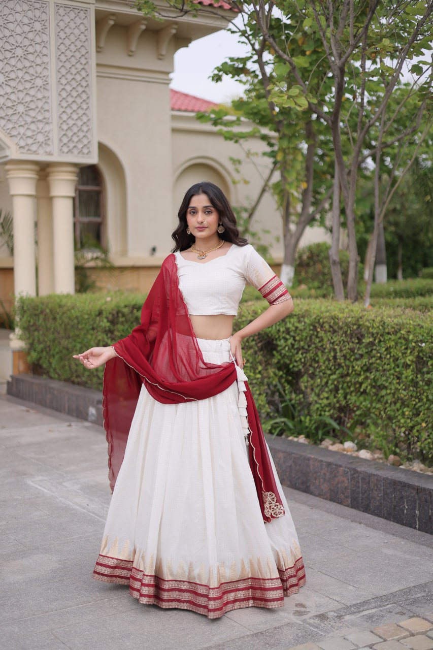 Onam Special Viscose Jacquard Lehenga Choli Set with Contrast Dupatta