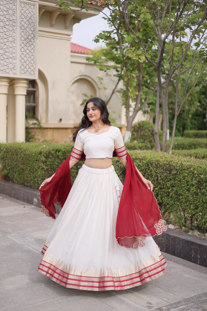 Onam Special Viscose Jacquard Lehenga Choli Set with Contrast Dupatta