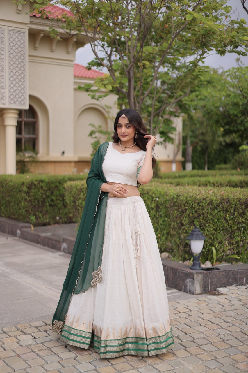 Onam Special Viscose Jacquard Lehenga Choli Set with Contrast Dupatta