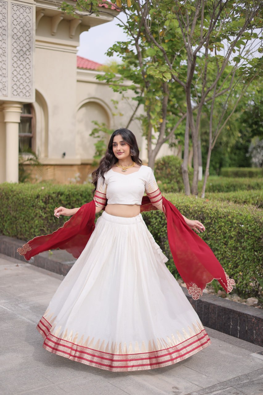 Onam Special Viscose Jacquard Lehenga Choli Set with Contrast Dupatta
