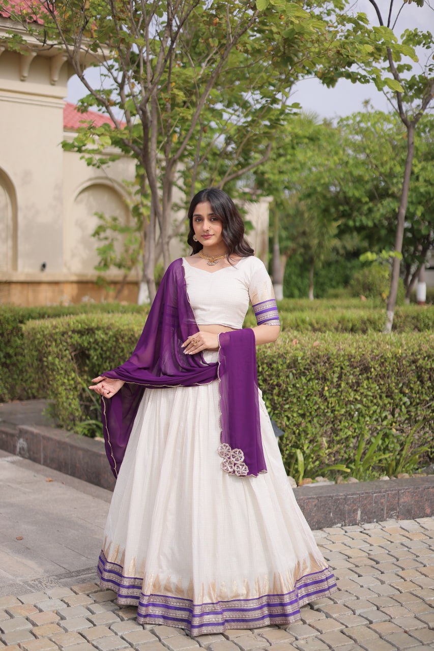 Onam Special Viscose Jacquard Lehenga Choli Set with Contrast Dupatta