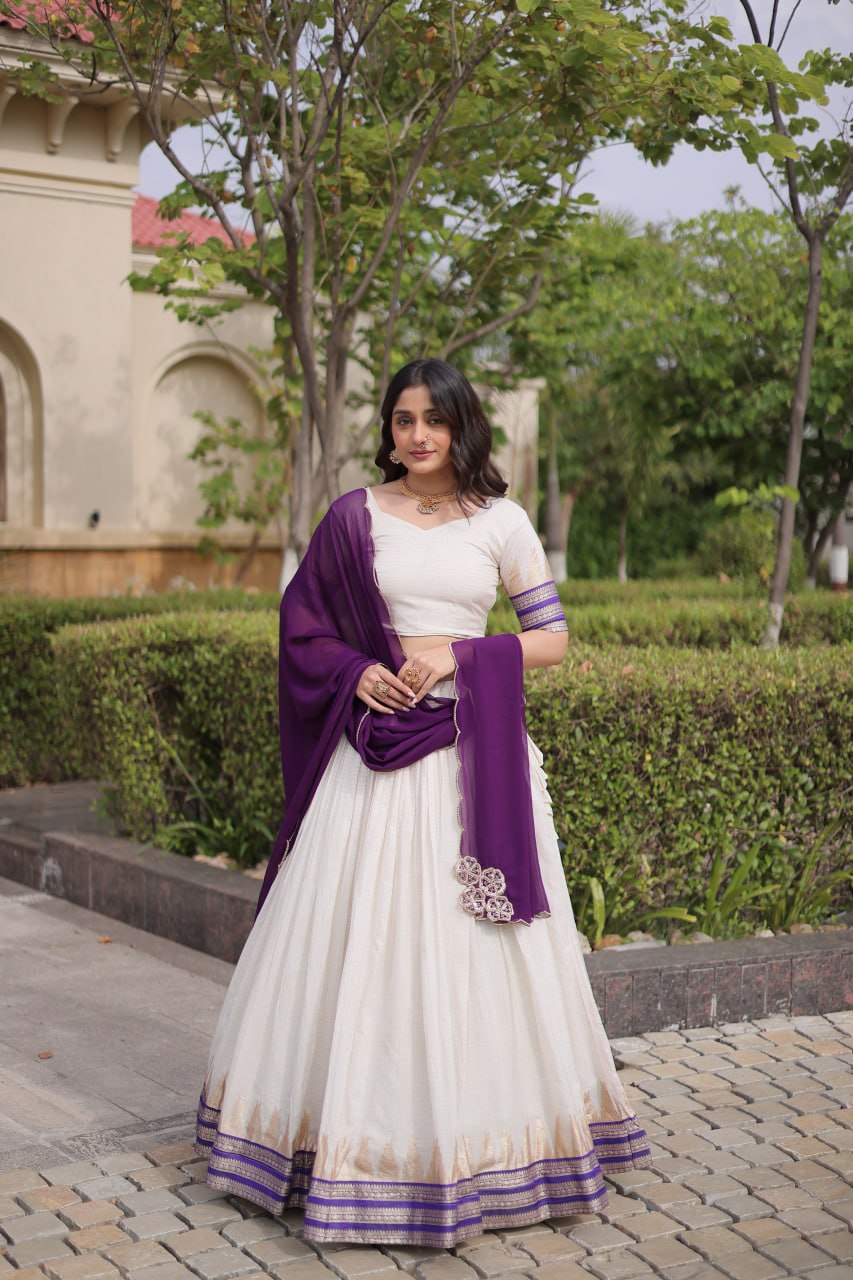Onam Special Viscose Jacquard Lehenga Choli Set with Contrast Dupatta
