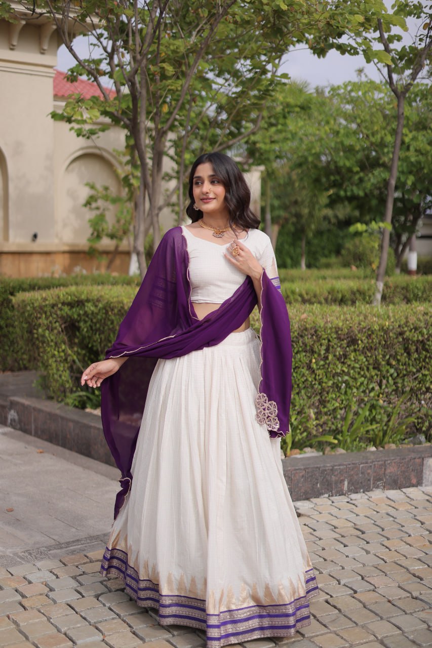 Onam Special Viscose Jacquard Lehenga Choli Set with Contrast Dupatta