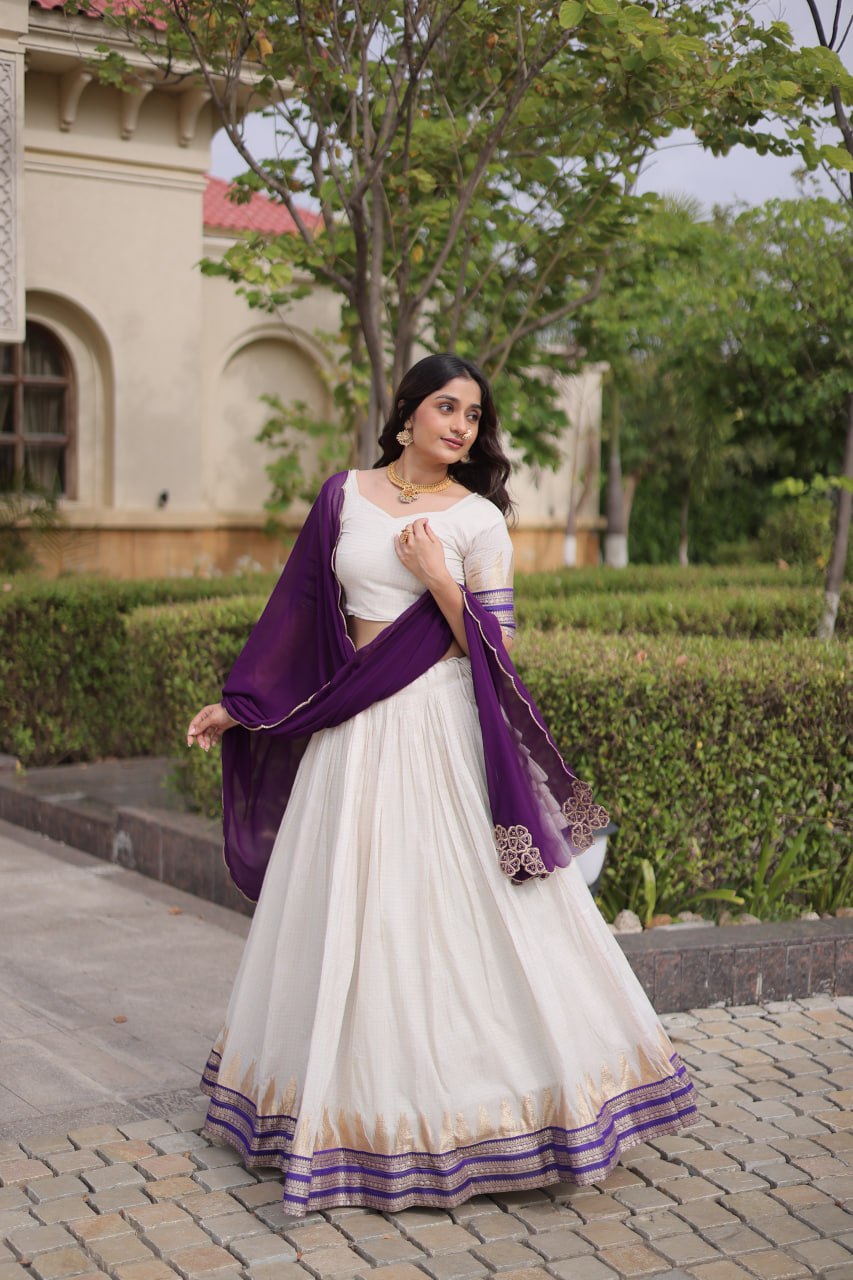 Onam Special Viscose Jacquard Lehenga Choli Set with Contrast Dupatta