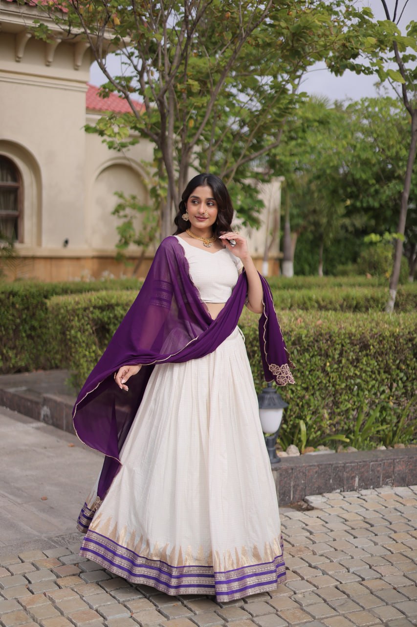Onam Special Viscose Jacquard Lehenga Choli Set with Contrast Dupatta