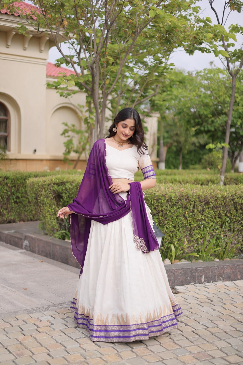 Onam Special Viscose Jacquard Lehenga Choli Set with Contrast Dupatta