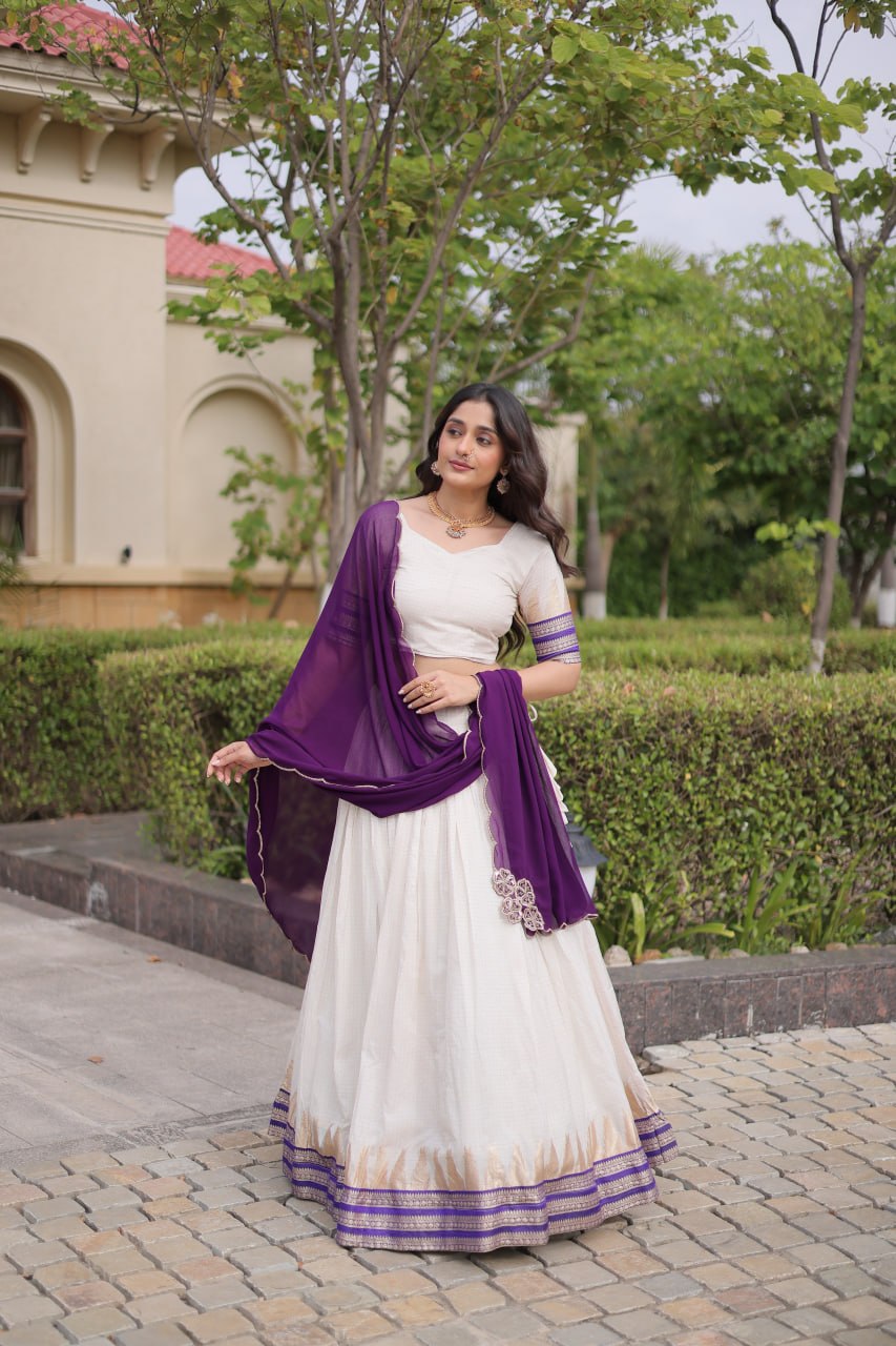 Onam Special Viscose Jacquard Lehenga Choli Set with Contrast Dupatta