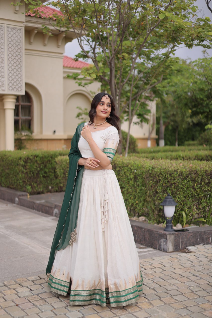 Onam Special Viscose Jacquard Lehenga Choli Set with Contrast Dupatta