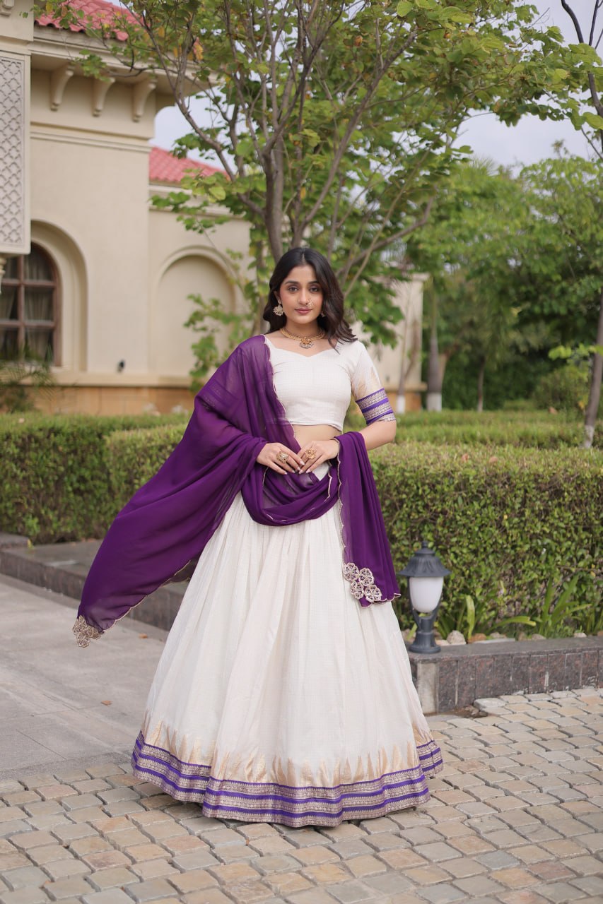 Onam Special Viscose Jacquard Lehenga Choli Set with Contrast Dupatta