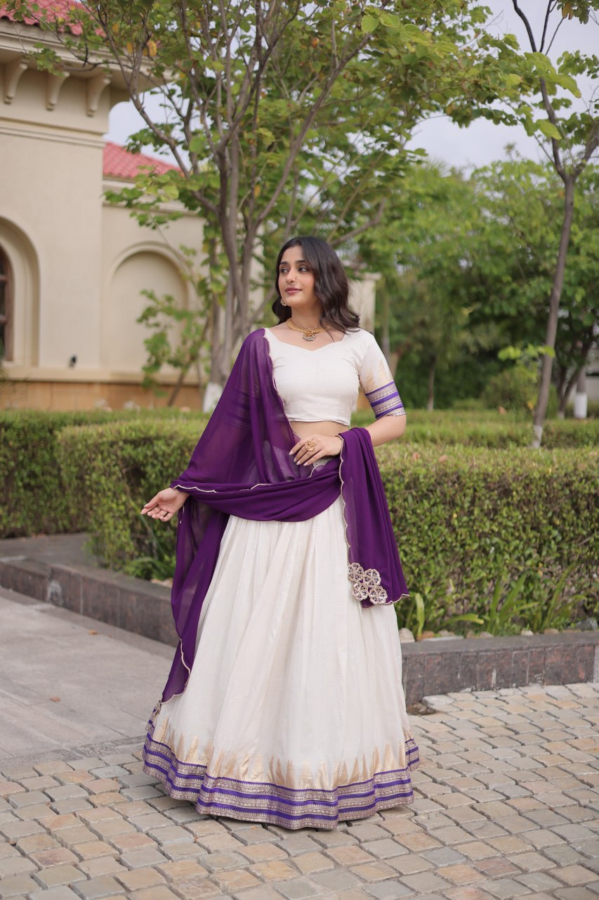 Onam Special Viscose Jacquard Lehenga Choli Set with Contrast Dupatta