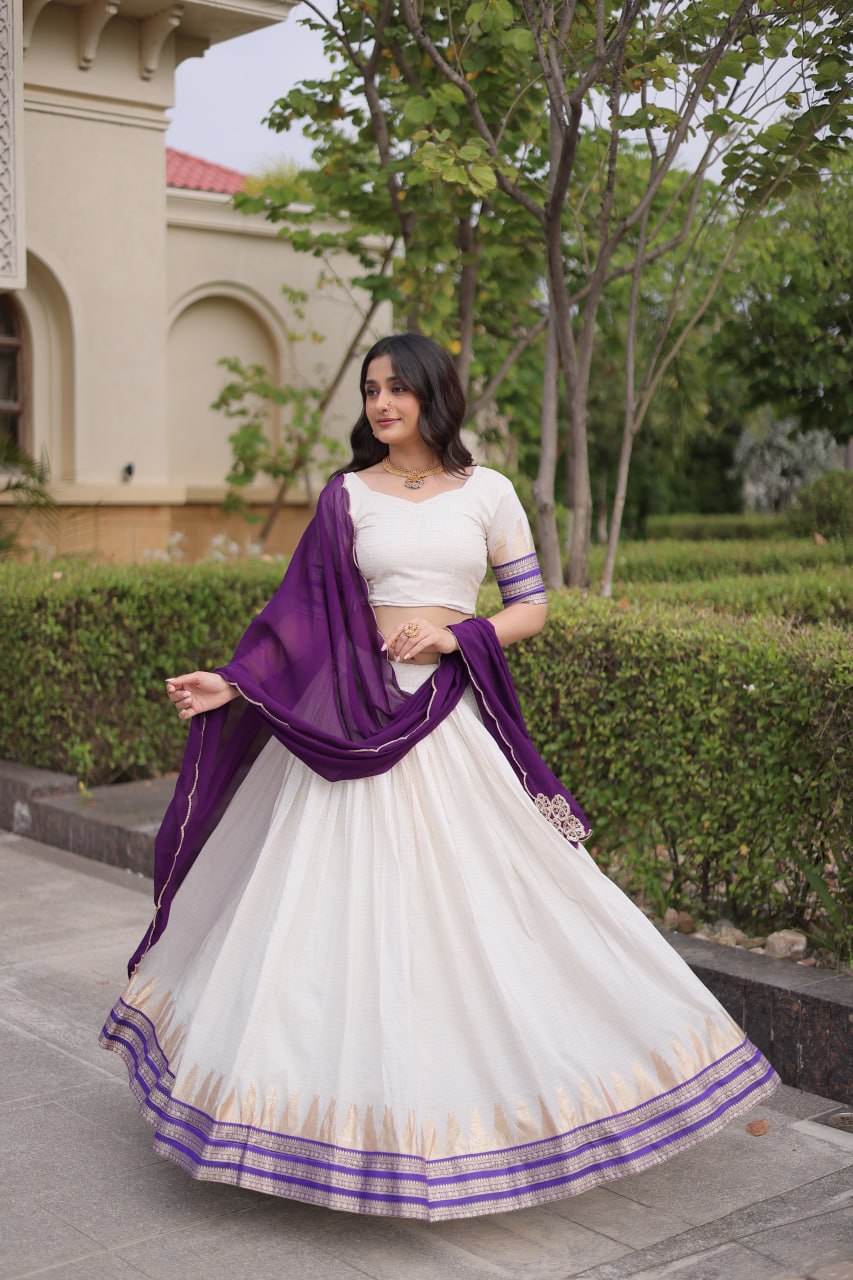 Onam Special Viscose Jacquard Lehenga Choli Set with Contrast Dupatta