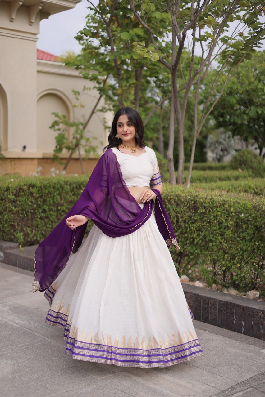 Onam Special Viscose Jacquard Lehenga Choli Set with Contrast Dupatta