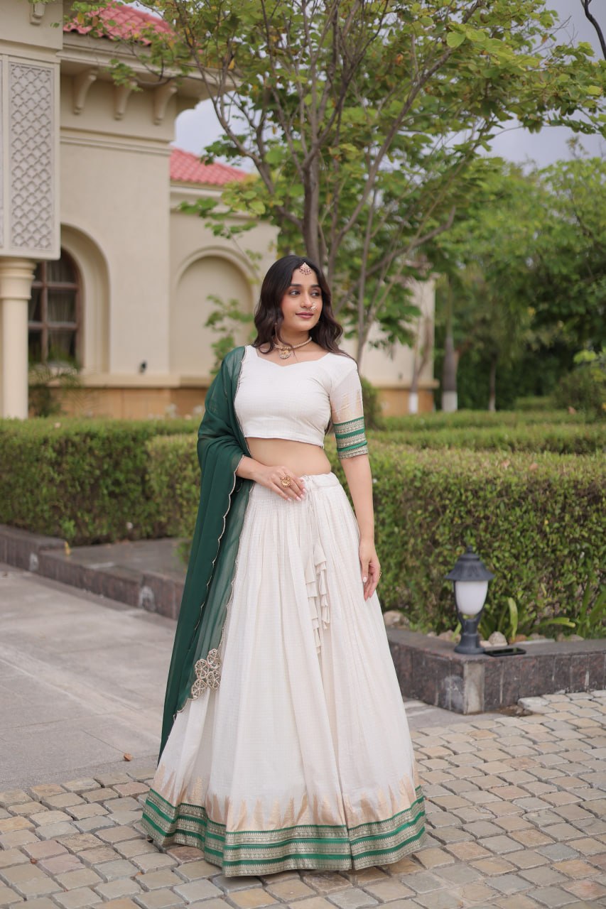 Onam Special Viscose Jacquard Lehenga Choli Set with Contrast Dupatta