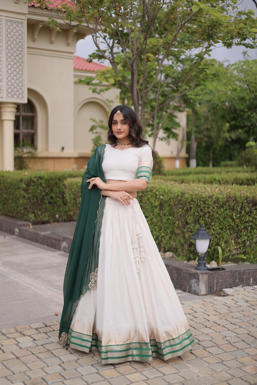 Onam Special Viscose Jacquard Lehenga Choli Set with Contrast Dupatta