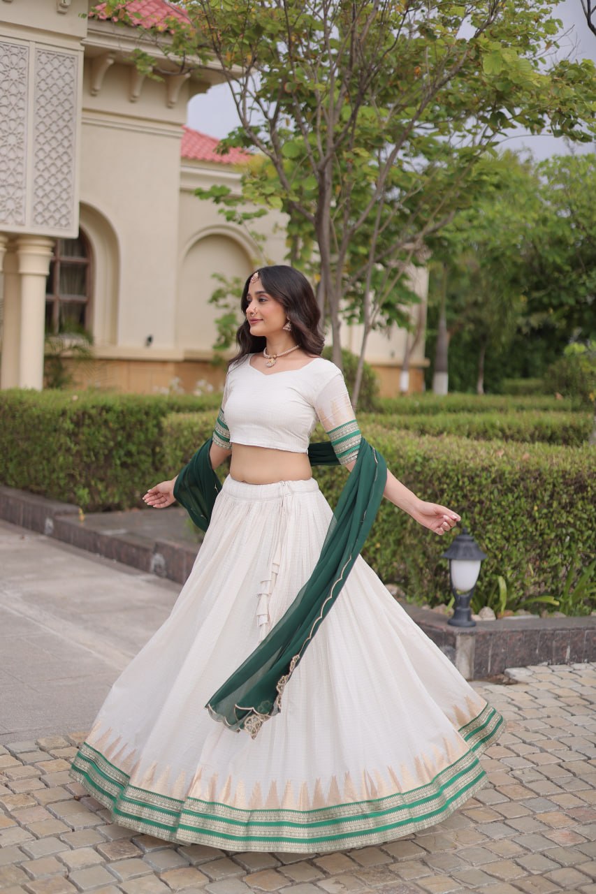 Onam Special Viscose Jacquard Lehenga Choli Set with Contrast Dupatta