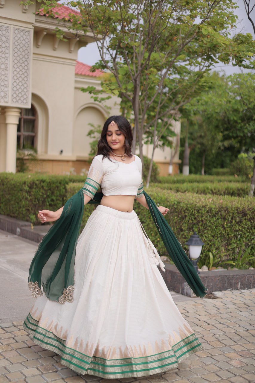 Onam Special Viscose Jacquard Lehenga Choli Set with Contrast Dupatta