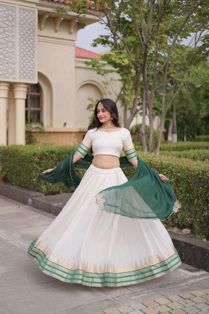 Onam Special Viscose Jacquard Lehenga Choli Set with Contrast Dupatta