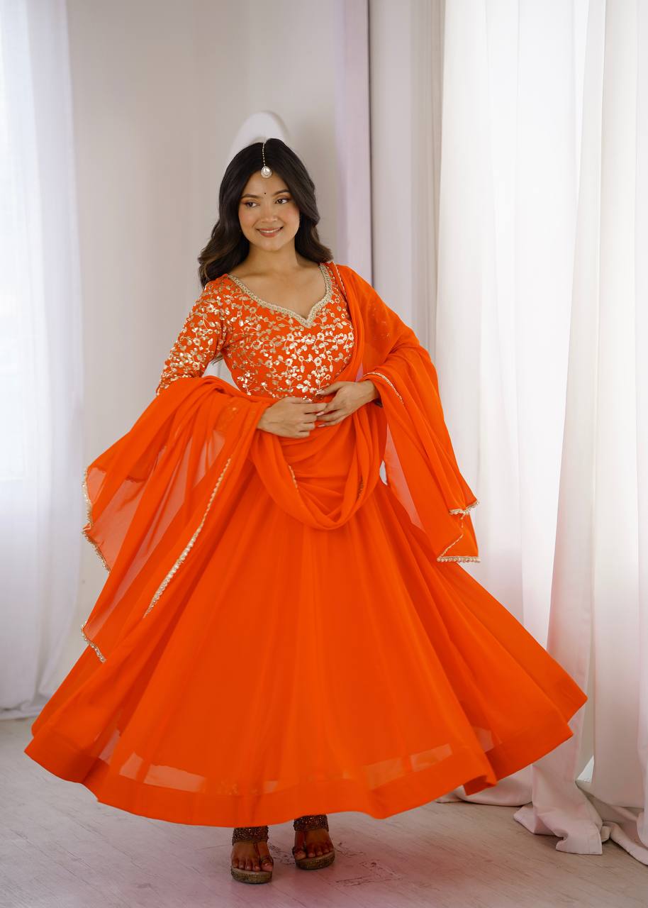 Orange Georgette Sequence Embroidered Gown with Pant and Dupatta