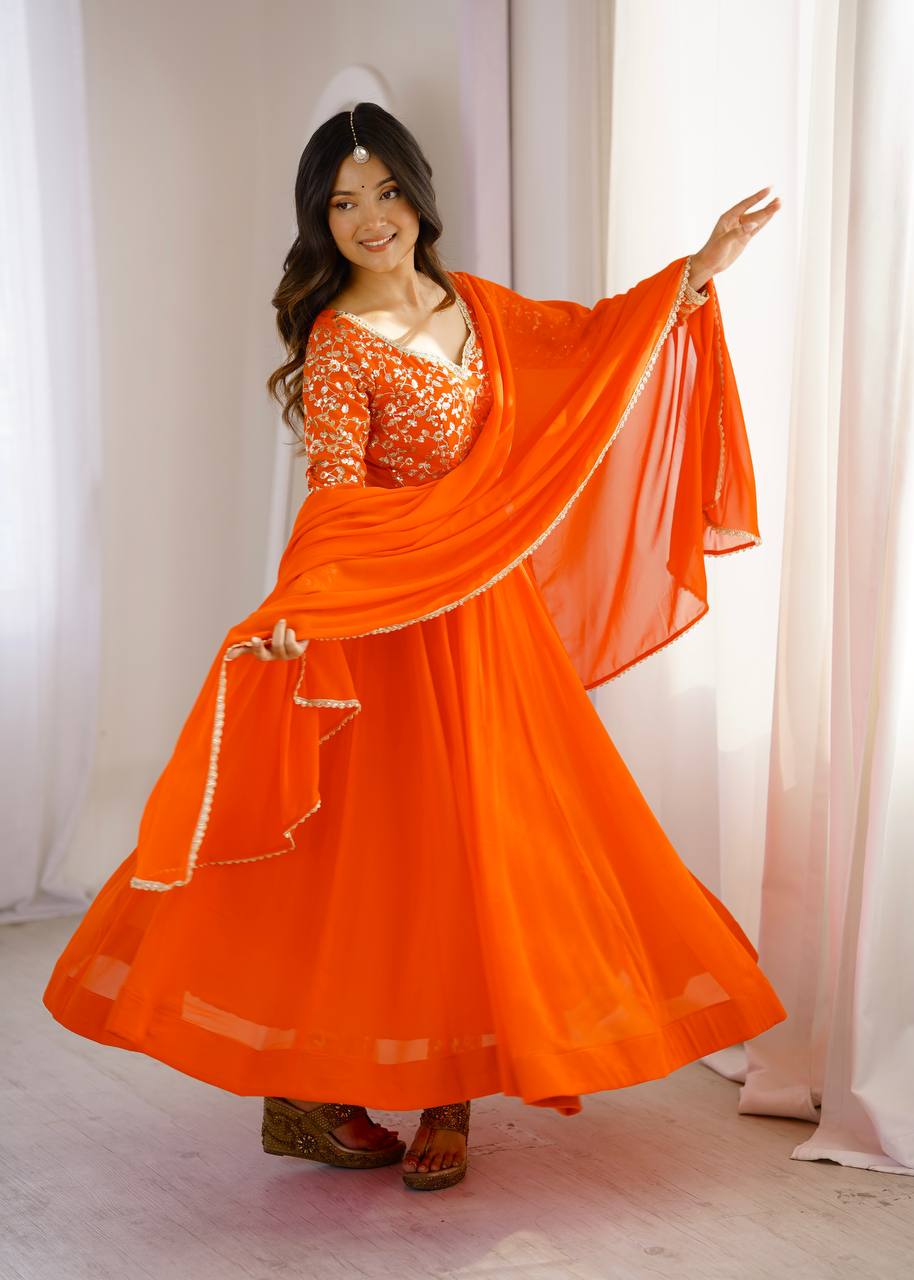 Orange Georgette Sequence Embroidered Gown with Pant and Dupatta