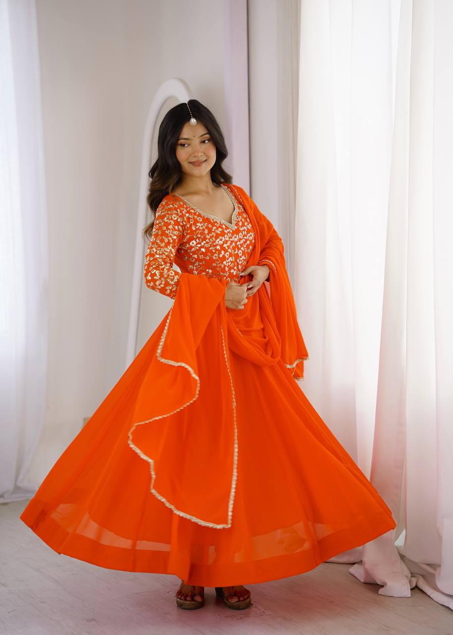 Orange Georgette Sequence Embroidered Gown with Pant and Dupatta