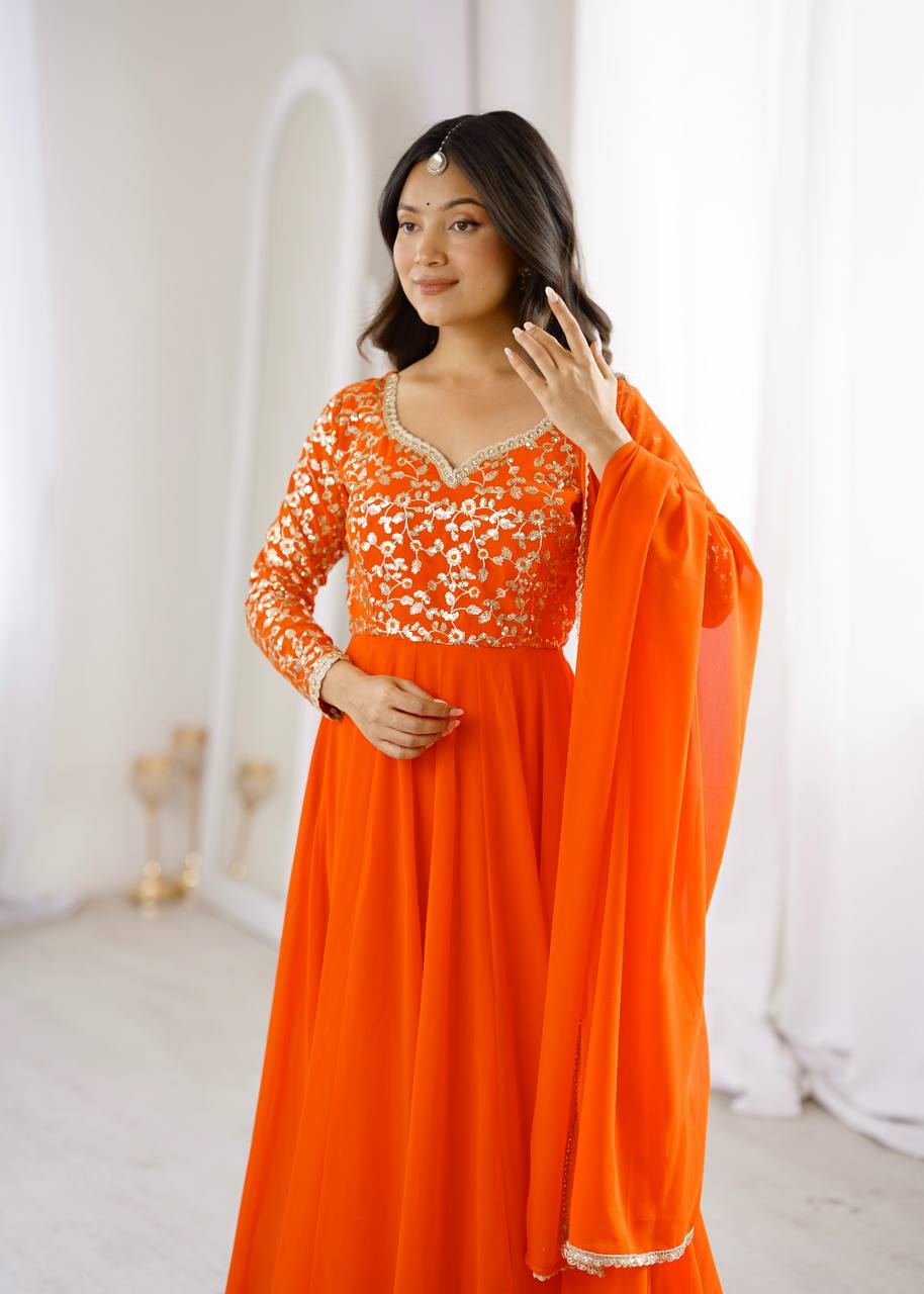 Orange Georgette Sequence Embroidered Gown with Pant and Dupatta