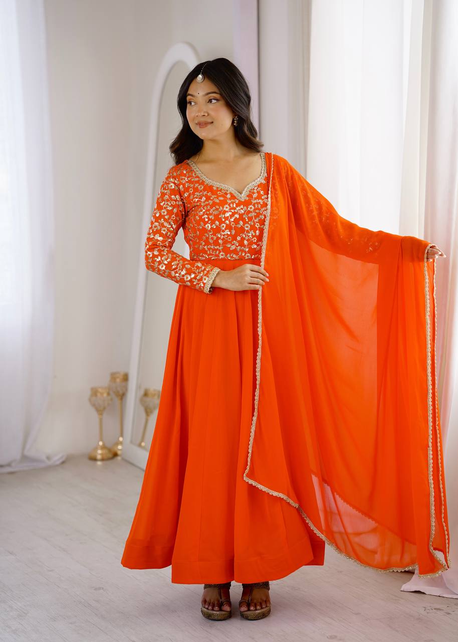 Orange Georgette Sequence Embroidered Gown with Pant and Dupatta