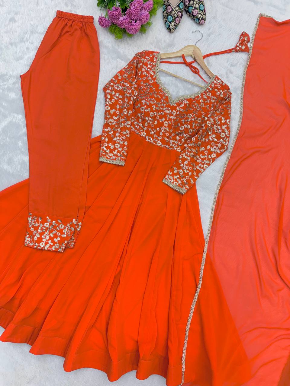 Orange Georgette Sequence Embroidered Gown with Pant and Dupatta